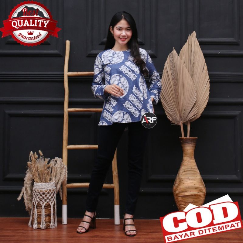 Blouse batik wanita modern / blouse peplum biru / atasan blouse wanita