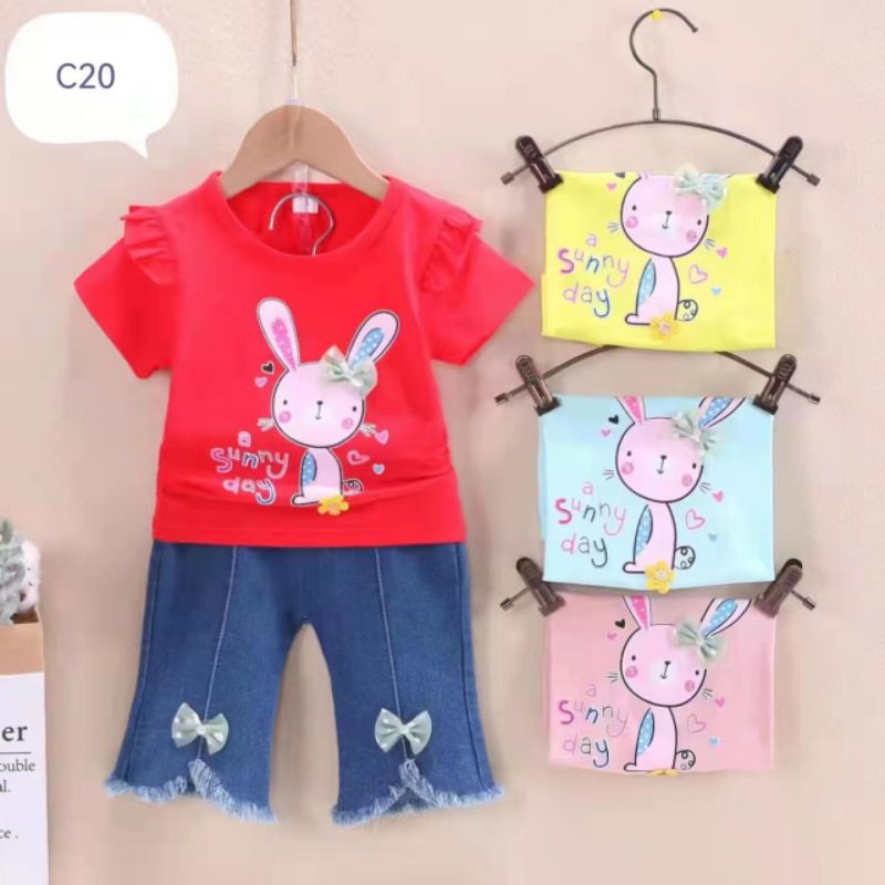 1-4 Tahun setelan Jeans Anak termurah Set Kaos Ruffle dan Celana Jeans Import Setelan anak perempuan Import