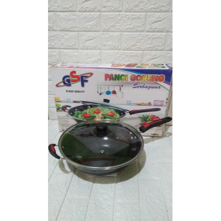 Panci Penggorengan Wajan Enamel Serbaguna 34cm - Tutup Kaca Merk GSF