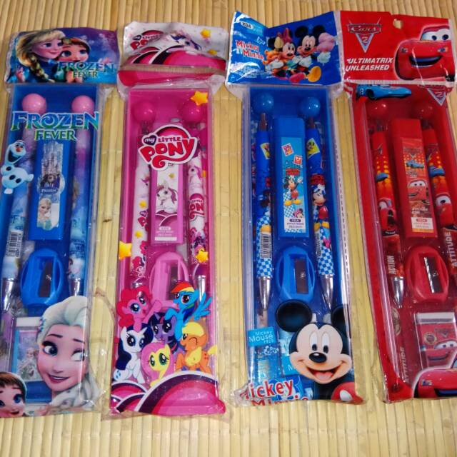 

Pensil set alat tulis karakter anak impor frozen,little pony, spiderman dan mickey mouse