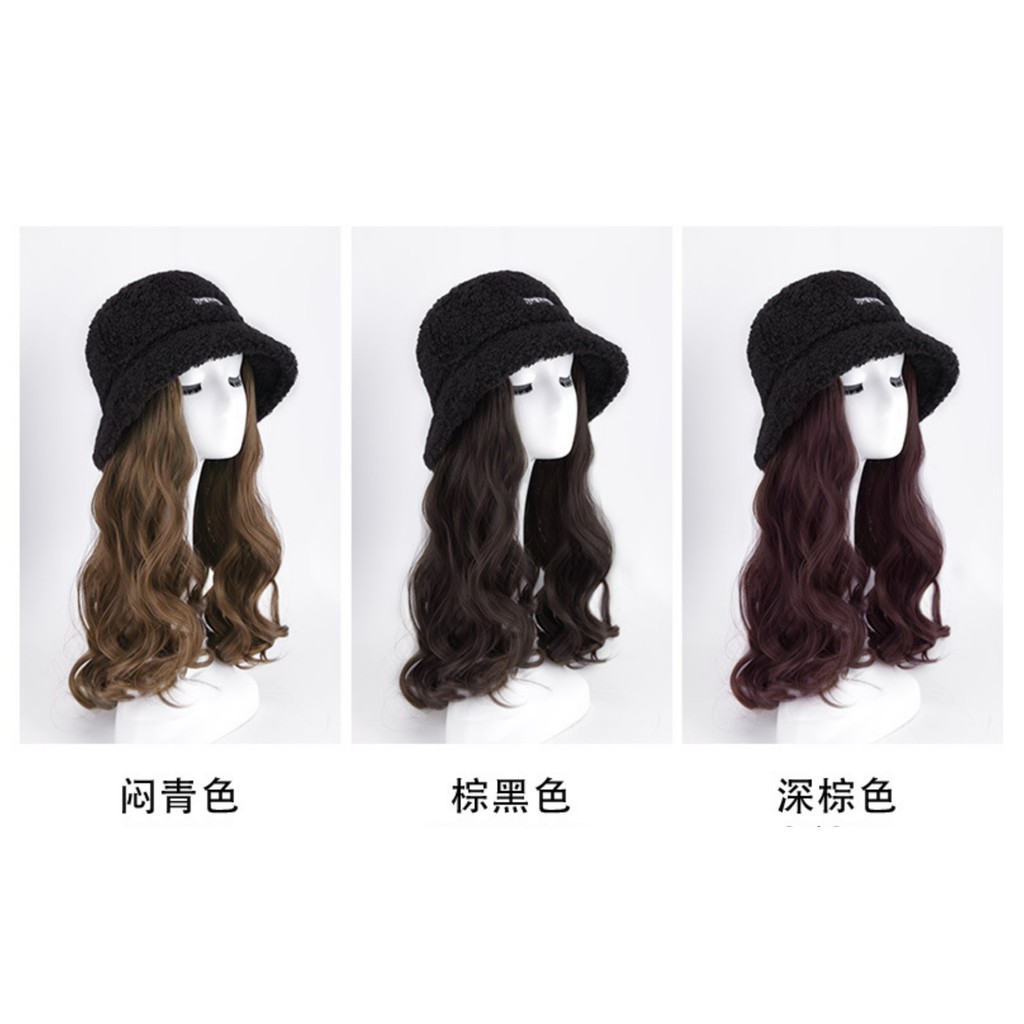 HTK wig topi bucket hat wool baret beret panjang wig hat rambut palsu hair extension