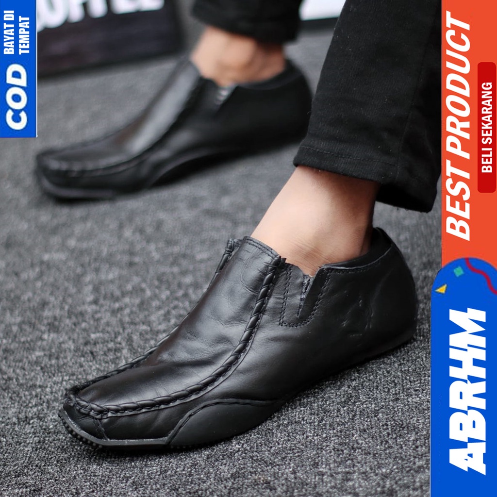 Sepatu Formal Pantofel Kulit Asli Kerja Pria Hitam ABRHM ELIF