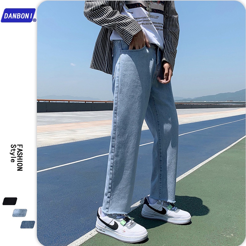 Celana Pria DBN Pria # Celana Jeans Pria Frayed Fashion   Lurus  Lebar Kaki Celana  Kasual Pergelang