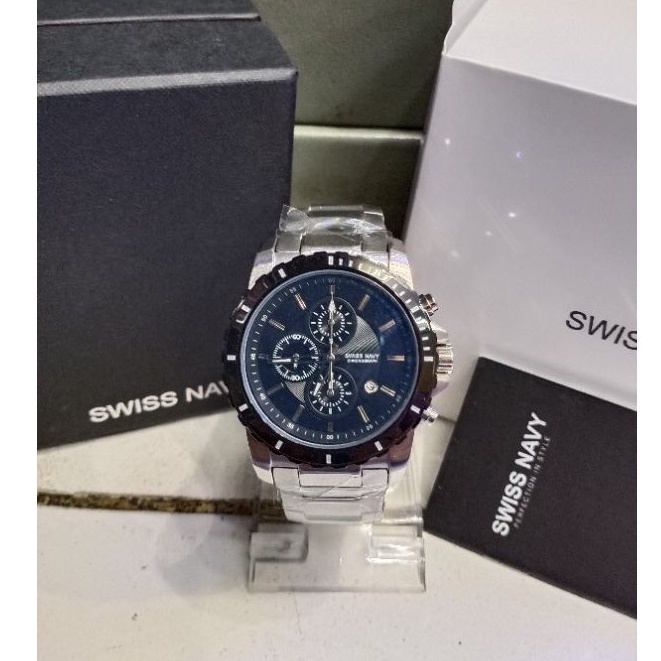 Jam Tangan Pria/Cowok Swiss Navy 6802 SN6802 Black Silver ORIGINAL