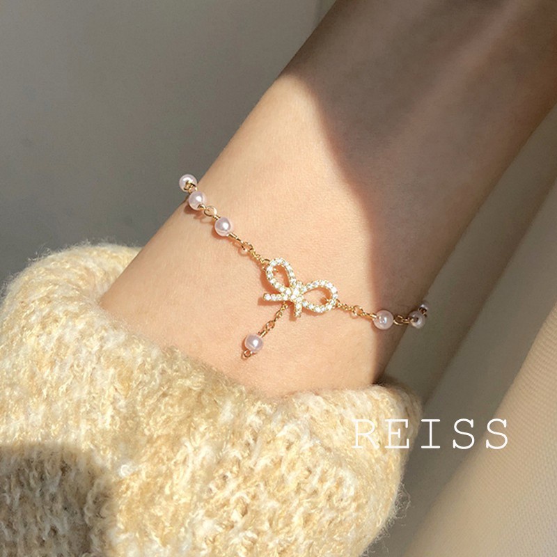 Gelang Korea Fashion Busur Mutiara Hias Berlian imitasi Bangle Liar