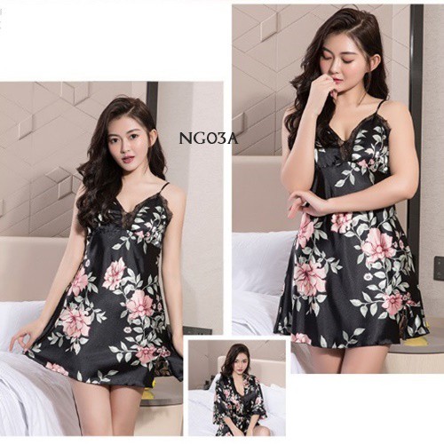 [PALING MURAH] DASTER BAJU TIDUR NIGHT GOWN SLEEP WEAR SATIN MOTIF HITAM NG03A