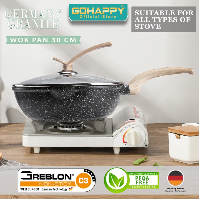 GREBLON C3 Wok Pan 30 cm Germany Granite Gohappy - Panci Penggorengan paling bagus