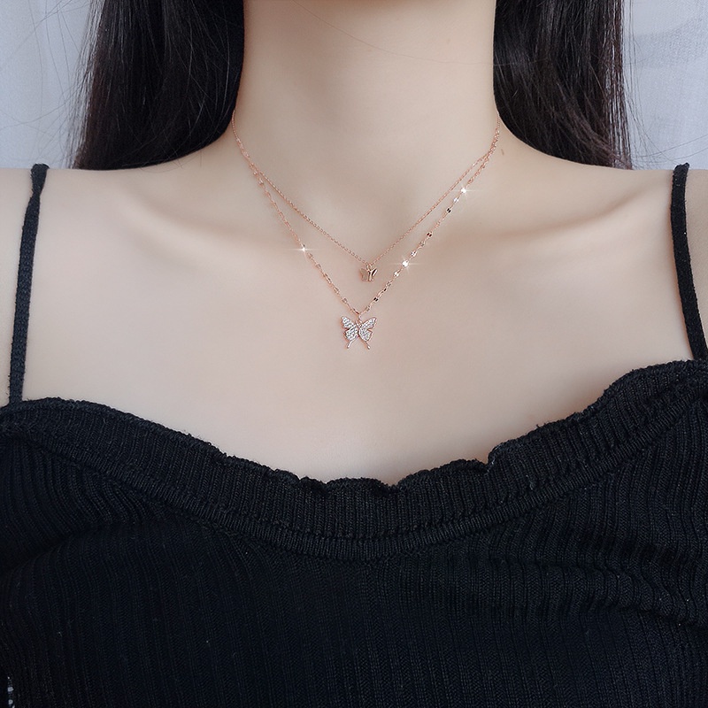 Baru double layer twin trendi kalung kupu-kupu berlapis perak Wanita cahaya mewah minoritas rasa des