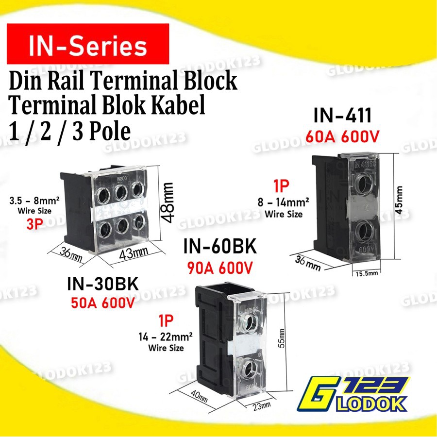 Terminal Block Blok Din Rail 600V IN-12BK 13SBK/BK 20BK 30BK 60BK 411S