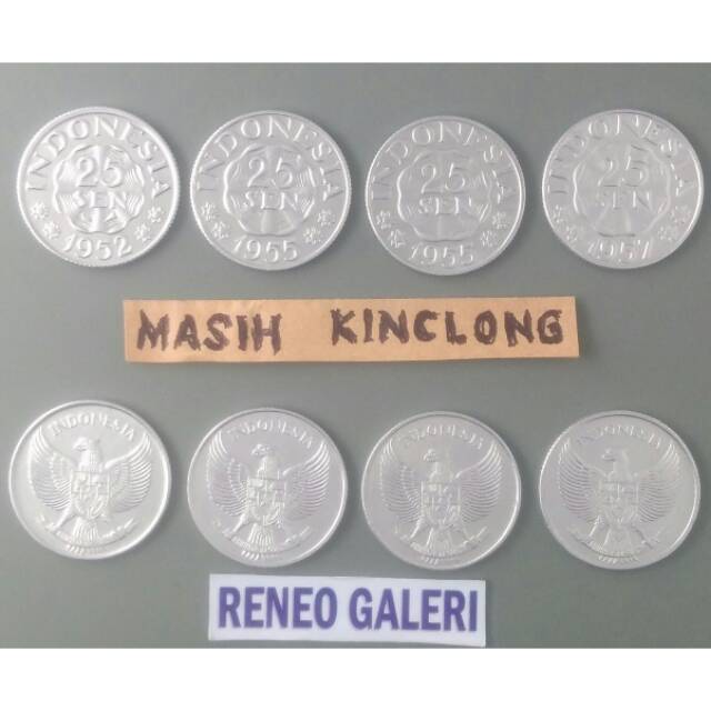 25 sen Garuda Pancasila tahun campur 1952,1955,1957 uang koin Aluminium kuno Bekas