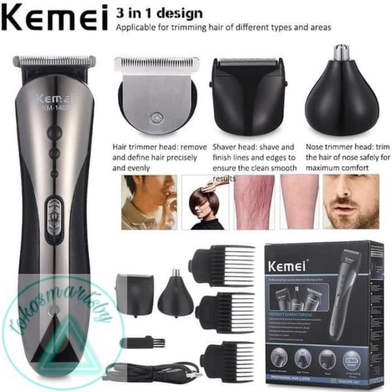 Alat Cukur Rambut Elektrik - Professional Hair Clipper 3in1 Kemei KM 1407 untuk potong rambut, kumis