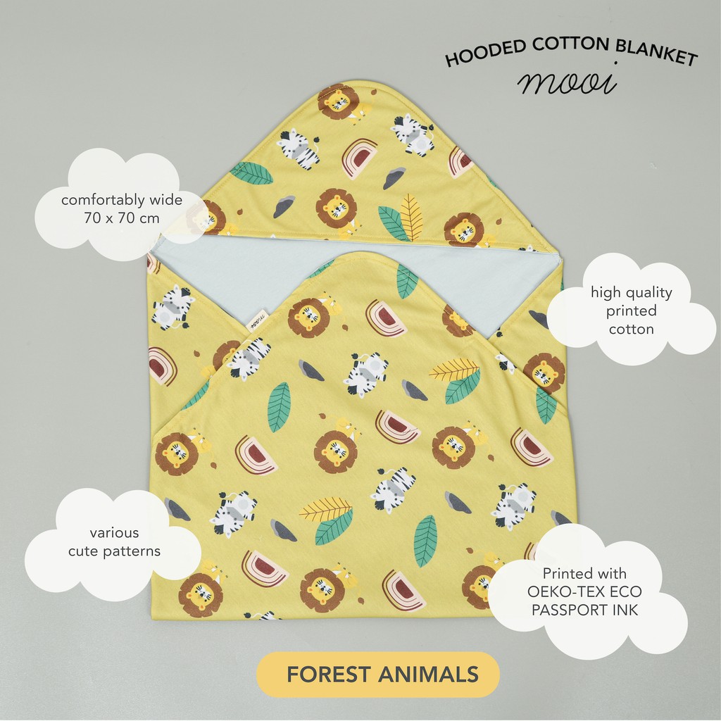 Mooi Hooded Cotton Blanket Selimut Topi Bayi-FOREST ANIMALS