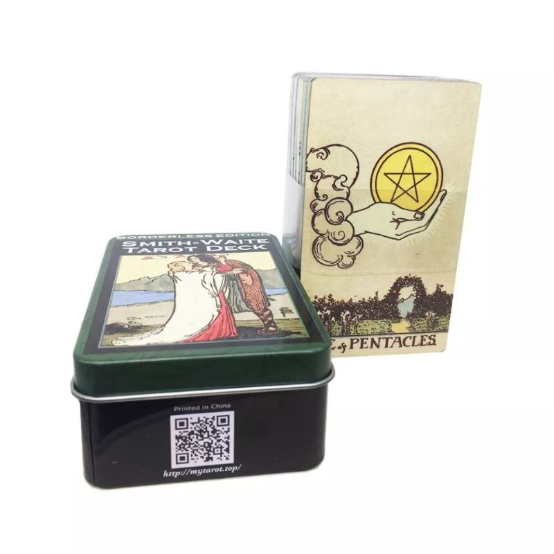 Waite Smith Borderless Tarot dengan Kotak Kaleng pinggiran Silver