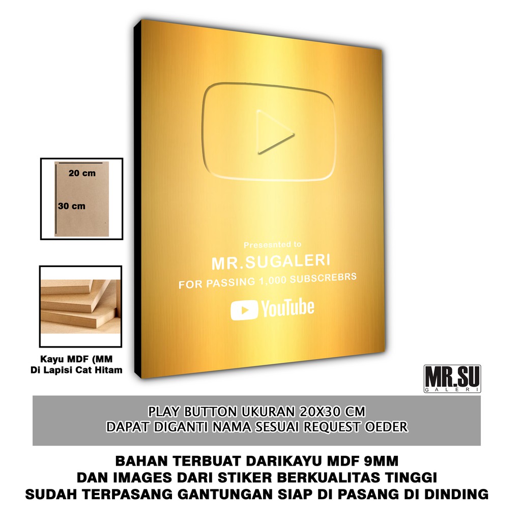 Hiasan Dinding Youtube Gold Play Button/Wall Decor/Pajangan kamar 20 x 30 CM / Custom Nama Channel