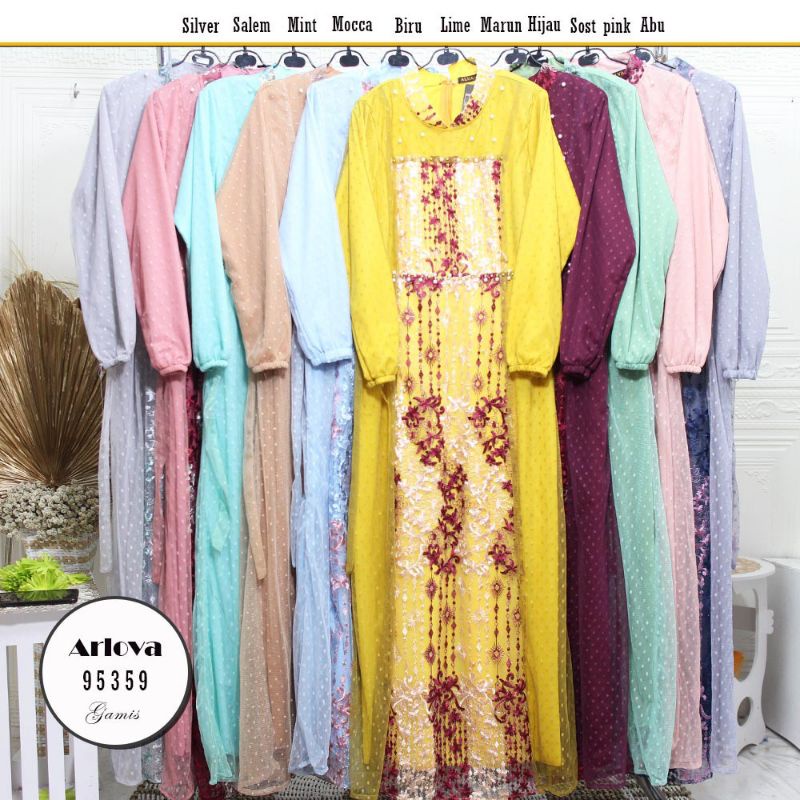 Promo Baju Lebaran Gamis Pesta Mutiara Tile Dot Bordir Glitery Furing Arlova