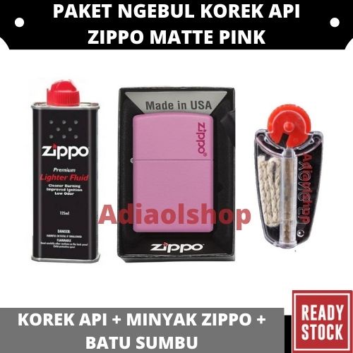 PAKET NGEBUL - KOREK API ZIPPO MATTE PINK LOGO + MINYAK ZIPPO 125ML + BATU SUMBU