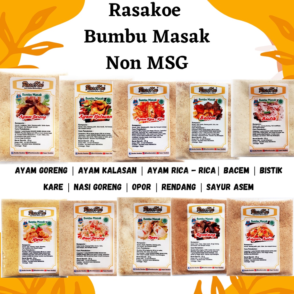 

Bumbu Masak Instant Non MSG Murah Rasakoe 25 gr Bacem Ayam Kalasan Tepung Kremes Tomyam Kare Kimlo