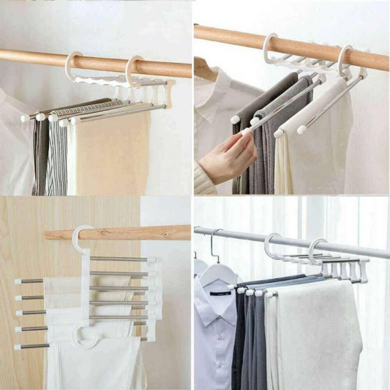 Rak Magic Hanger 5 In 1 Stainless Gantungan Baju Celana Jilbab Syal Pakaian