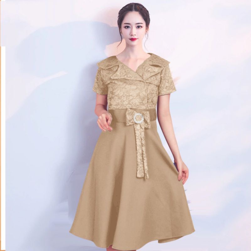 Baju Dress Pesta Wanita Model Terbaru Kekinian Kondangan Imlek Natal Pesta Brukat Selutut Dress YUNA