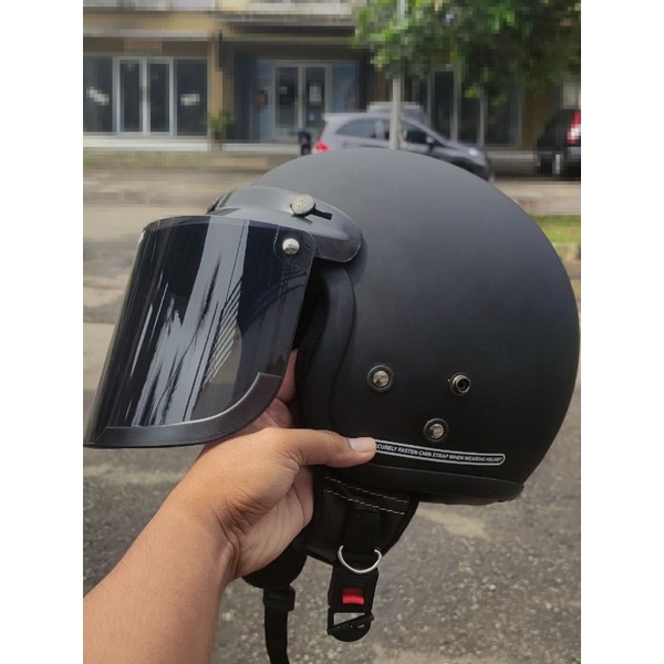 Helm Bogo Dewasa Full Leher SNI Cewek Cowok Retro Polos Couple Kaca Flat Visor INJAK