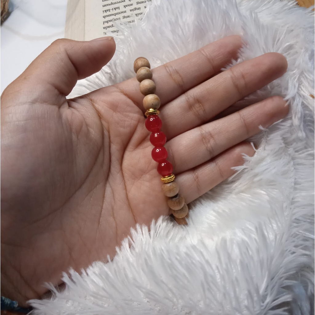 Gelang Batu Original Handmade Kayu Cendana Kombinasi Batu Alam Red Agate