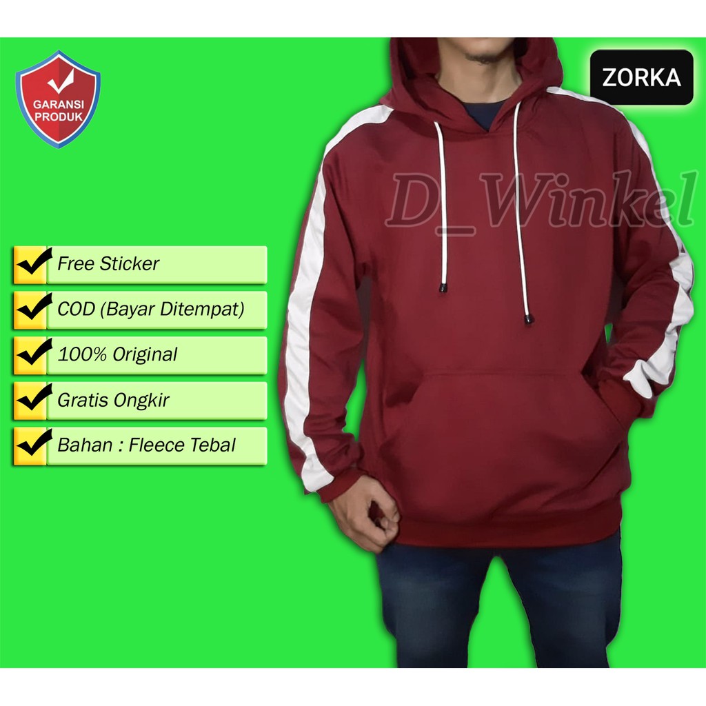 Sweater Polos Maroon List Putih / Jaket Hoodie Pria List Putih Fleece Premium Tebal DISTRO ZORKA