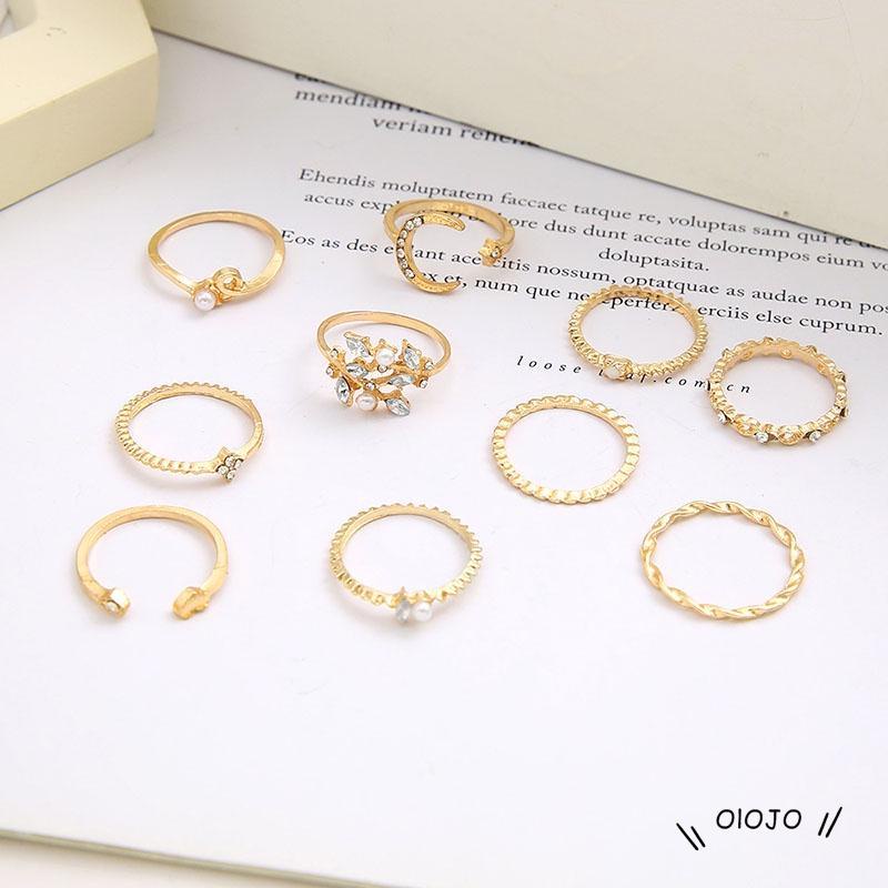 【COD】Cincin Berlian Mutiara Bentuk Bulan Bintang Hati Daun Gaya Retro Untuk Wanita
