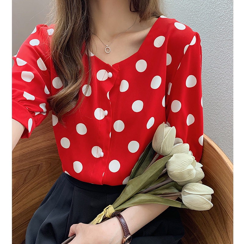 #Sisjuly# Wanita musim panas baru retro gaya barat polka dot kemeja sifon atasan lengan pendek wanit