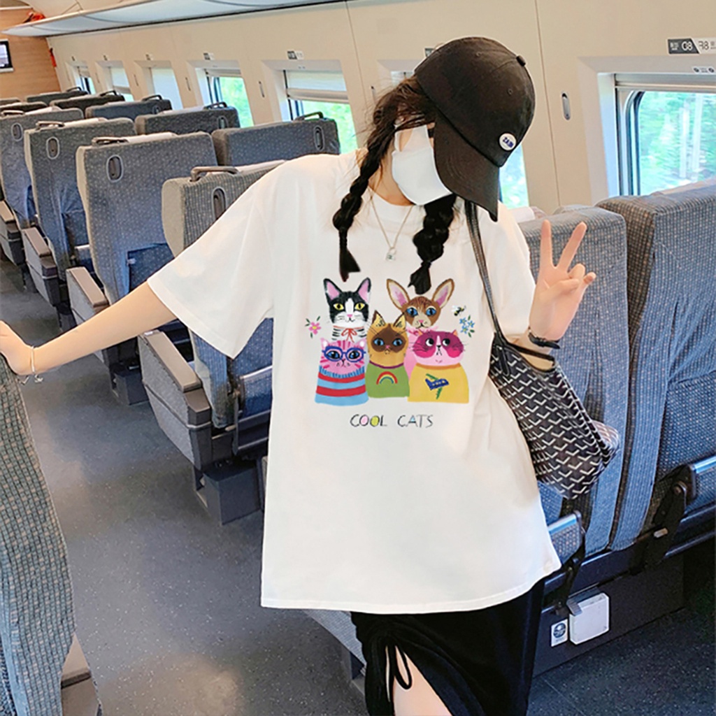 EUNII T-shirt Lengan Pendek Kartun Satwa Pencetakan Longgar Korean Style/Kaos Atasan Wanita/Baju Kaus Oversize Wanita