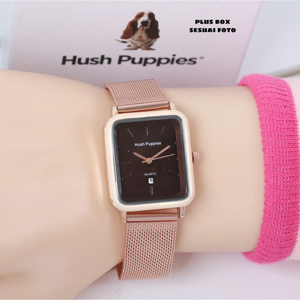 BEST SELLER JAM TANGAN WANITA HUSH PUPPIES E85 TALI RANTAI PASIR TANGGAL AKTIF DM 3.0CM FREE BOX || JAM TANGAN WANITA FASHION WANITA HUSH PUPPIES HP