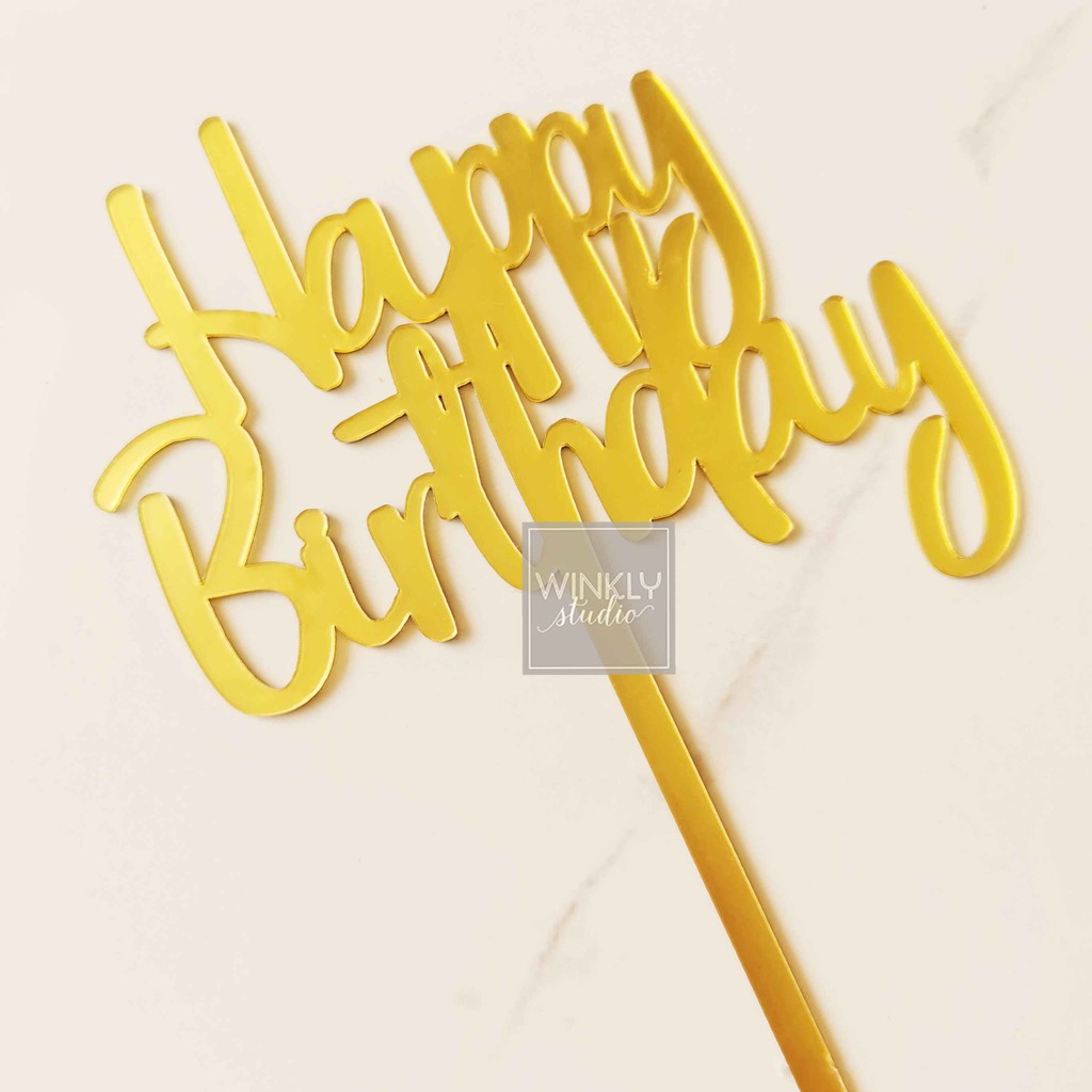 Acrylic Cake Topper Happy Birthday / Topper Akrilik Kue Ulang Tahun / Toper Kue Tart HW Gold