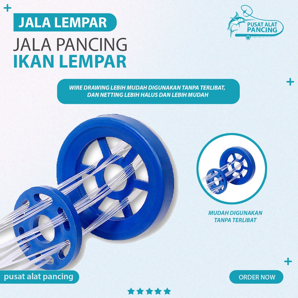 Jaring Ikan Jala Lempar Penangkap Ikan Model Amerika Kabel Kepang Kuat Jaring Ikan Lempar Tangan Cincin Aluminium atau Cincin Piring Jaringan Biru