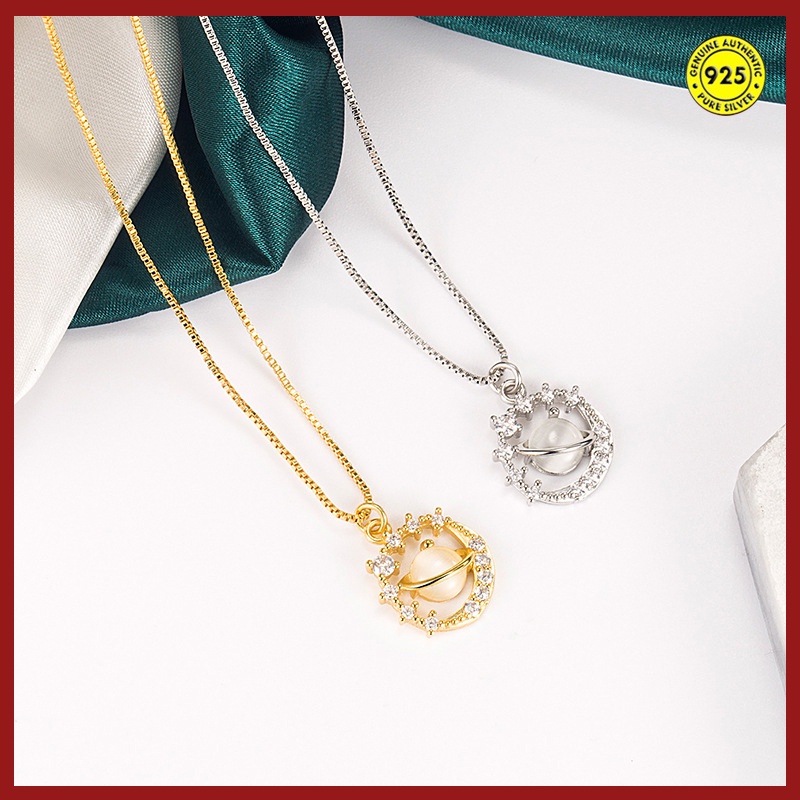 Kalung Rantai Klavikula Bahan S925 Silver Lapis Emas 18K Hias Opal Planet Untuk Wanita