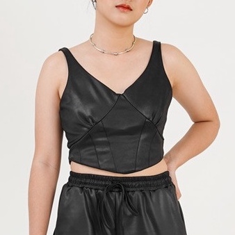 Tanktop Crop Wanita Kulit Halter Faux Leather Hitam Polos