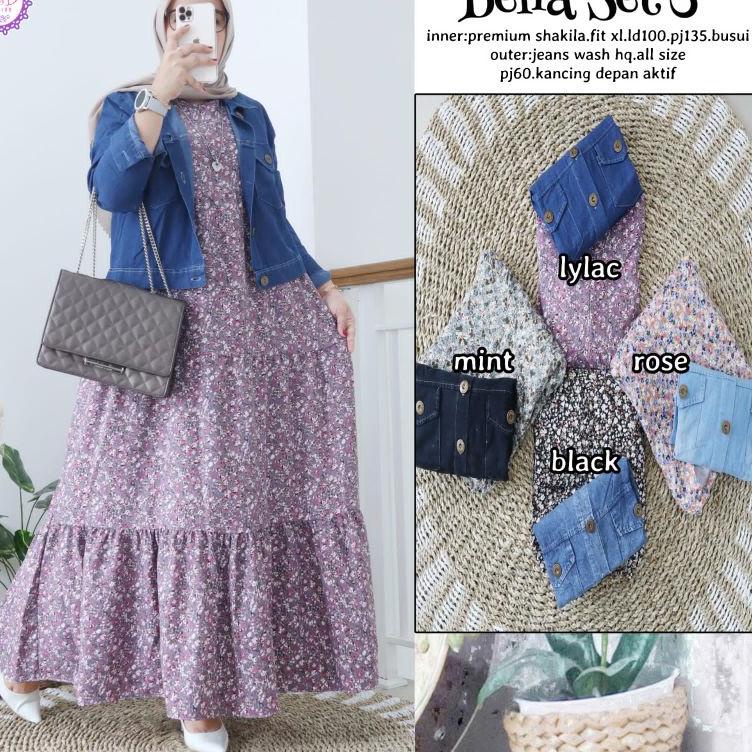 Oke Price.. belia one set jaket jeans crop wanita gamis motif bunga N&D gamis syakila dress import g
