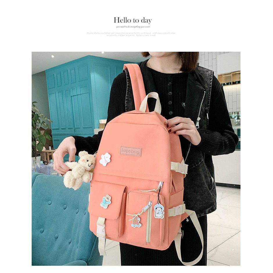 TB-70 set 5 pcs tas wanita ransel sekolah kampus pouch canvas bag import korea jepang