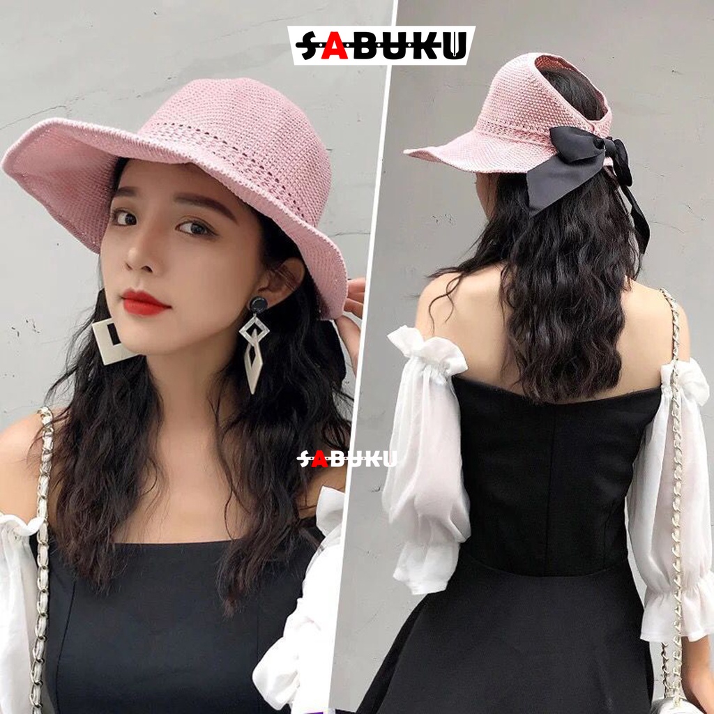 Topi Pantai Rajut Pita Topi Pelindung Sinar Matahar Rajut Sun Visor Hat Topi Visor Lipat Wanita Topi Lebar Fashion Korea - 229