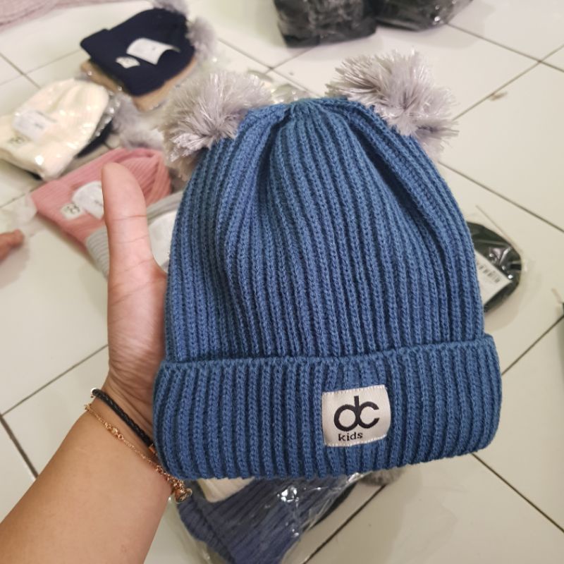 Topi Rajut Anak Pompom Kupluk Rajut Anak Bayi Pompom-Denim