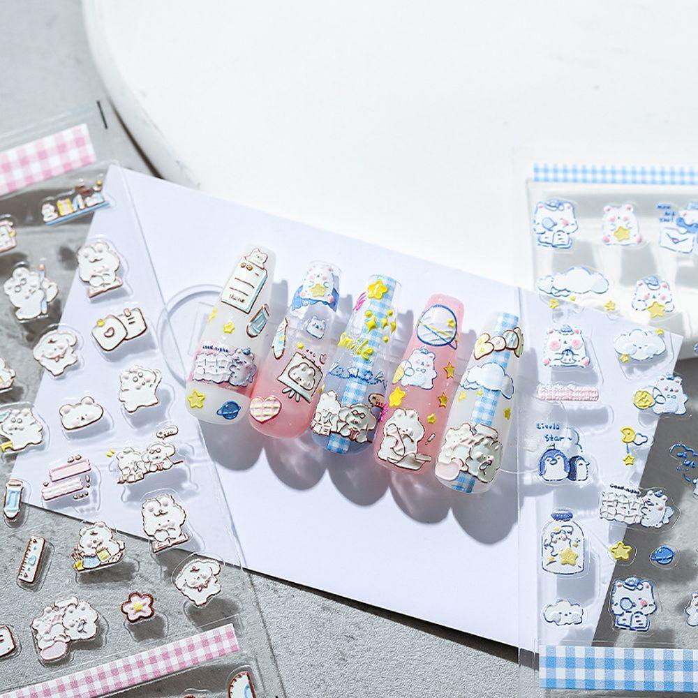 Mxbeauty Kartun Stiker Kuku Lucu 3D Relief Hewan Kelinci Perekat Diri DIY Nail Art Dekorasi