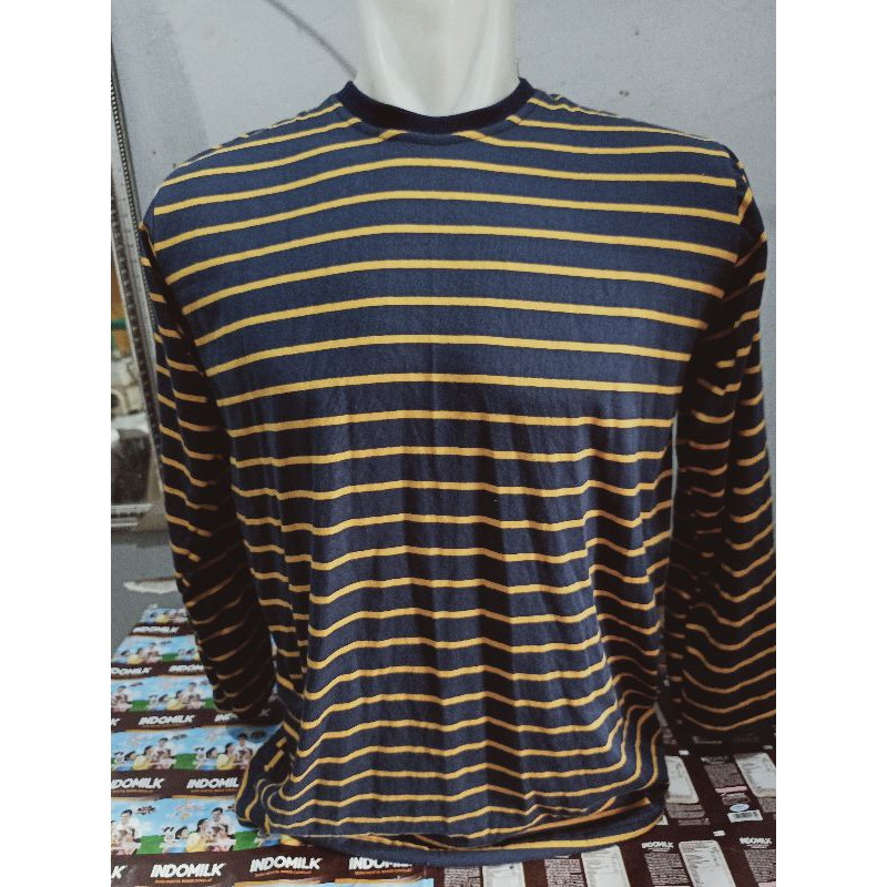 kaos stripe navy kuning kecil lengan panjang size S-5XL