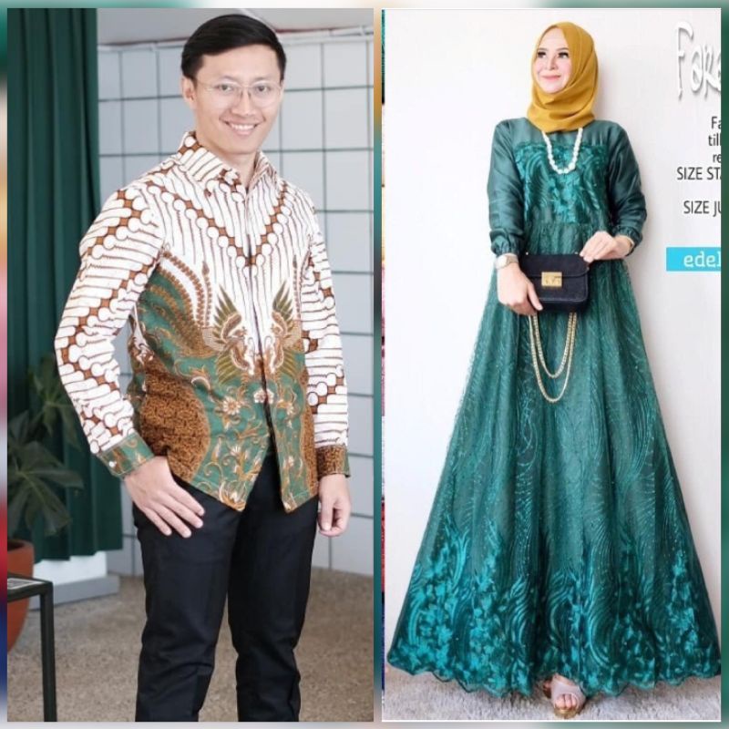 BATIK OFFICIAL SOLO Batik Couple Farasya Gamis Selma Tulle mutiara kombinasi ceruty payet &amp; kemeja batik