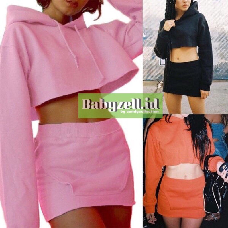 Set Wanita Rok Mini + Sweater Crop Oversize Korean Style All Size Fit To XL
