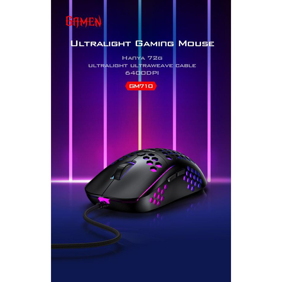 Gamen GM710 6400DPI Macro Ultralight Gaming Mouse Cable Ultraweave RGB LED Lighting