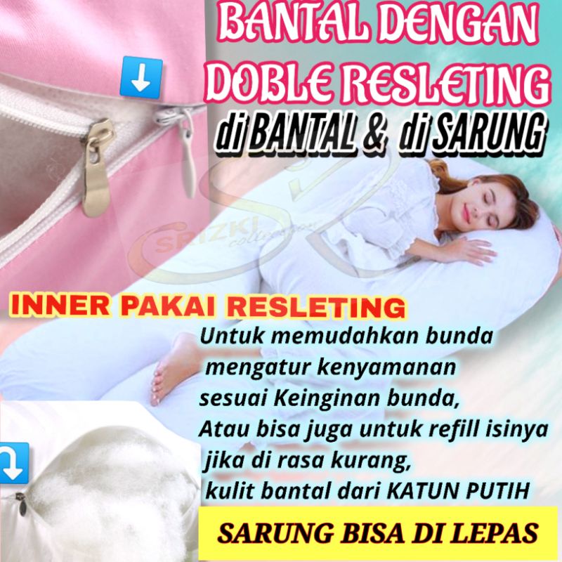 bantal ibu hamil dan menyusui PREMIUM cover 2 LAPIS / bantal + sarung bisa di lepas pasang,doble resleting 2 sisi tebal full dacron silikon HCS/ BANTAL KATUN HOTEL/bisa  cod