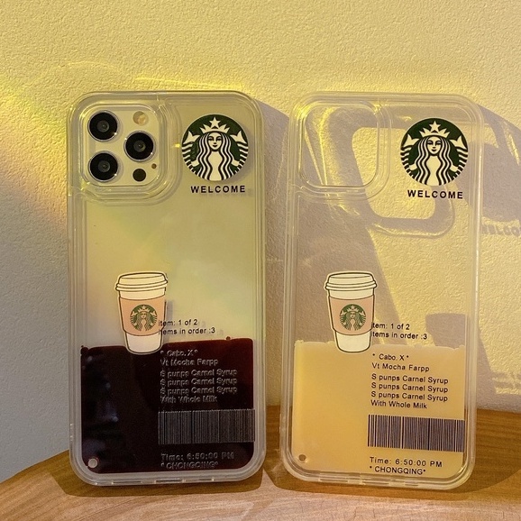 Creative Quicksand Starbucks Casing Ponsel untuk iPhone 14 13 12 11 Pro Max XR X MAX 7 8 Plus Resin Transparan Tahan Guncangan Casing iPhone Tahan Debu Bawah + Desain Tepi Lurus