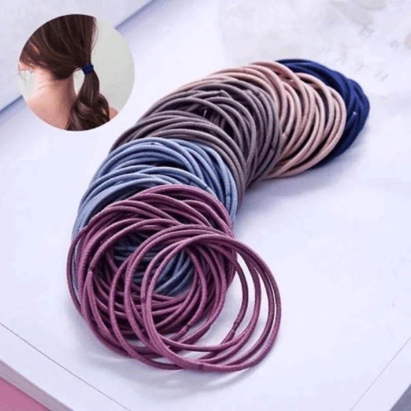 100PCS IKAT KARET RAMBUT ELASTIS WARNA POLOS GAYA KOREA UNTUK WANITA