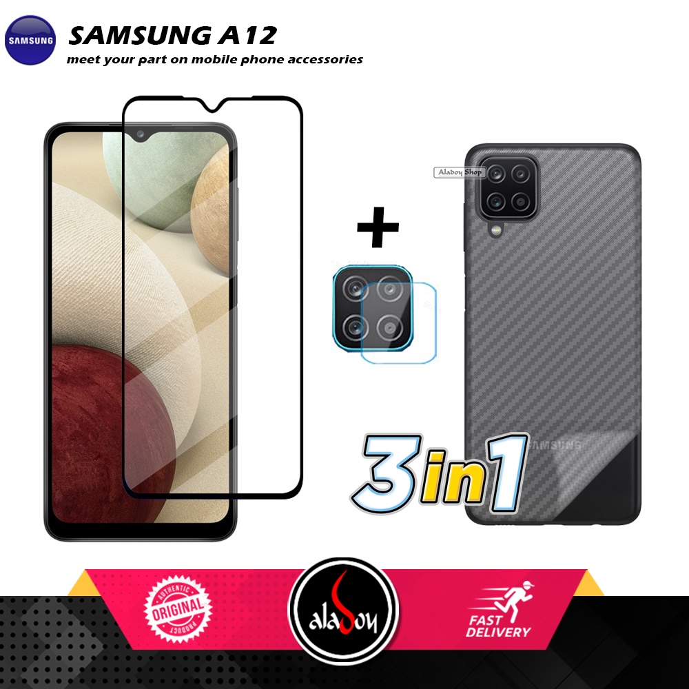 PAKET 3 IN 1 Tempered Glass Layar Samsung A12 Free Tempered Glass Camera dan Skin Carbon