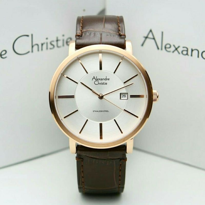 Alexandre Christie Original AC8344 Jam Tangan Pria Tali Kulit coklat Rosegold