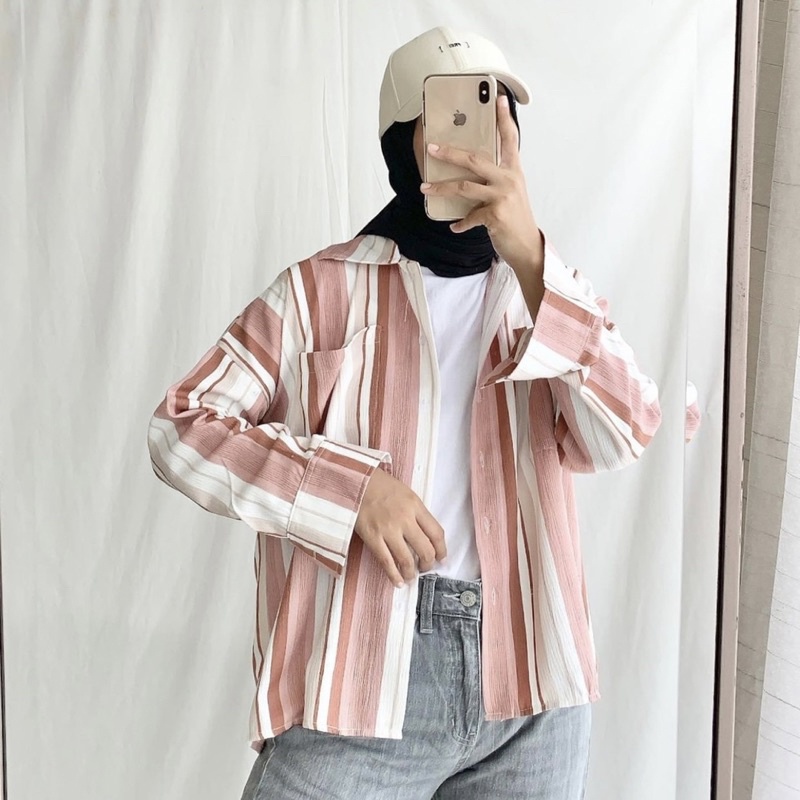 Tq88indonesia Fashion Baju Kemeja Salur Wanita Cerena Dorothy Earthy Shirt / Kem / Hem Stripe Cewek Terbaru / Busana Casual / Ootd Kekinian / Outfit