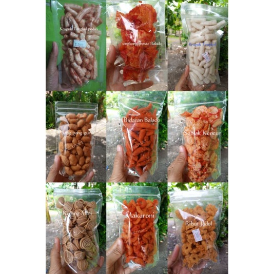 

kerupuk seblak, ribut,pangpang gurih, krupuk tongkol, kripik singkong presto , makaroni, kuping gajah mini, bidaran balado